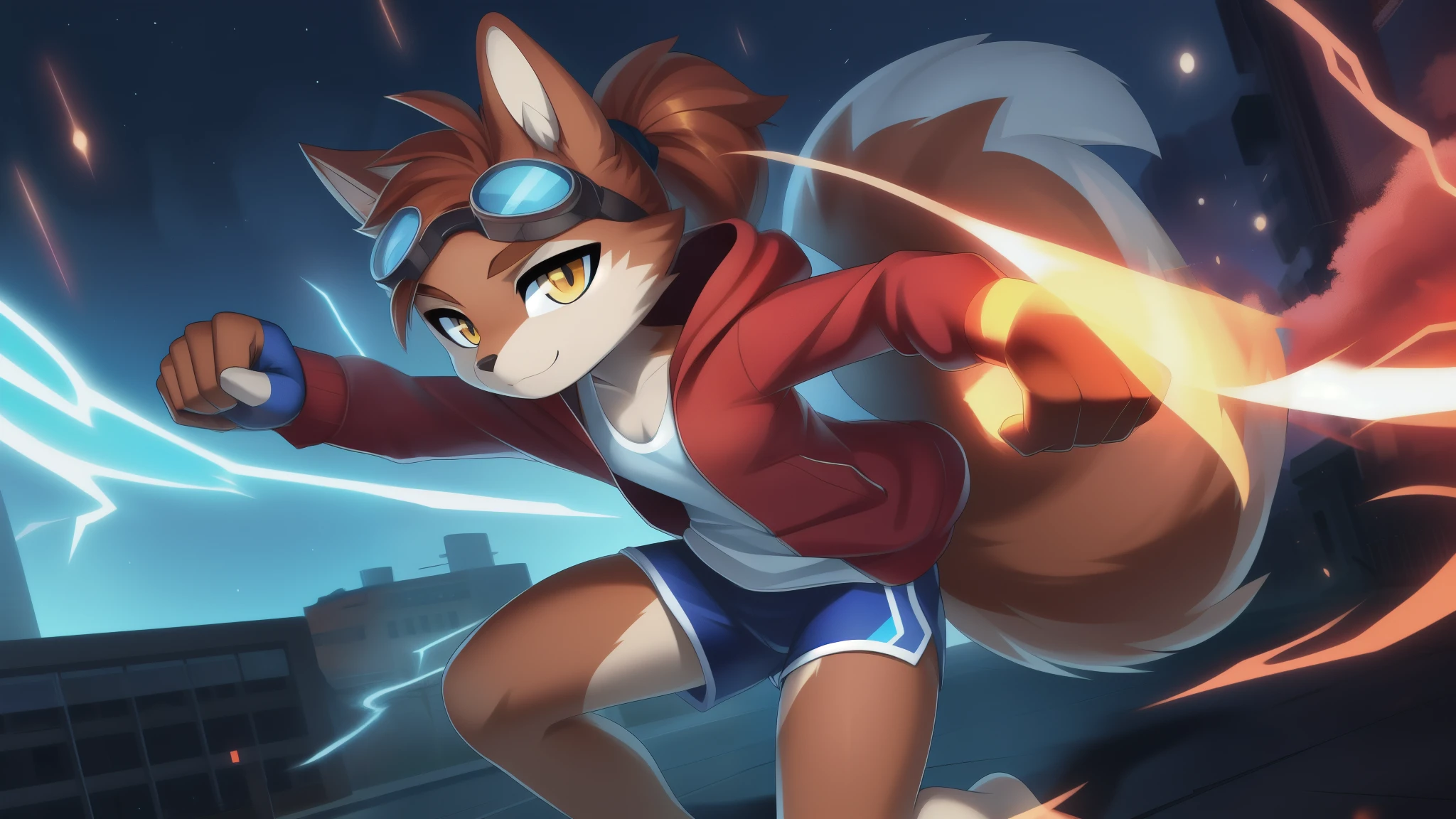 Furry girl, squirrel, brown spiky hair, short spiky ponytail, yellow eyes, small breasts, detailed body fur, ((red hoodie jacket, open clothes, white tank top, blue sport shorts, goggles)), masterpiece, looking at you, two tone body fur, brown body fur, clear brown body fur, detailed face, big eyebrows, detailed eyes, detailed body, street, night Sky, detailed hands, glistering body, sassy face, perfect lighting, perfect shadows, perfect eyes, perfect hair, perfect face, gorgeous body, solo, electric aura, electricity arround body, electric on fist, action pose, electric on eyes, electric power, electric particles, fight stance, thunder,