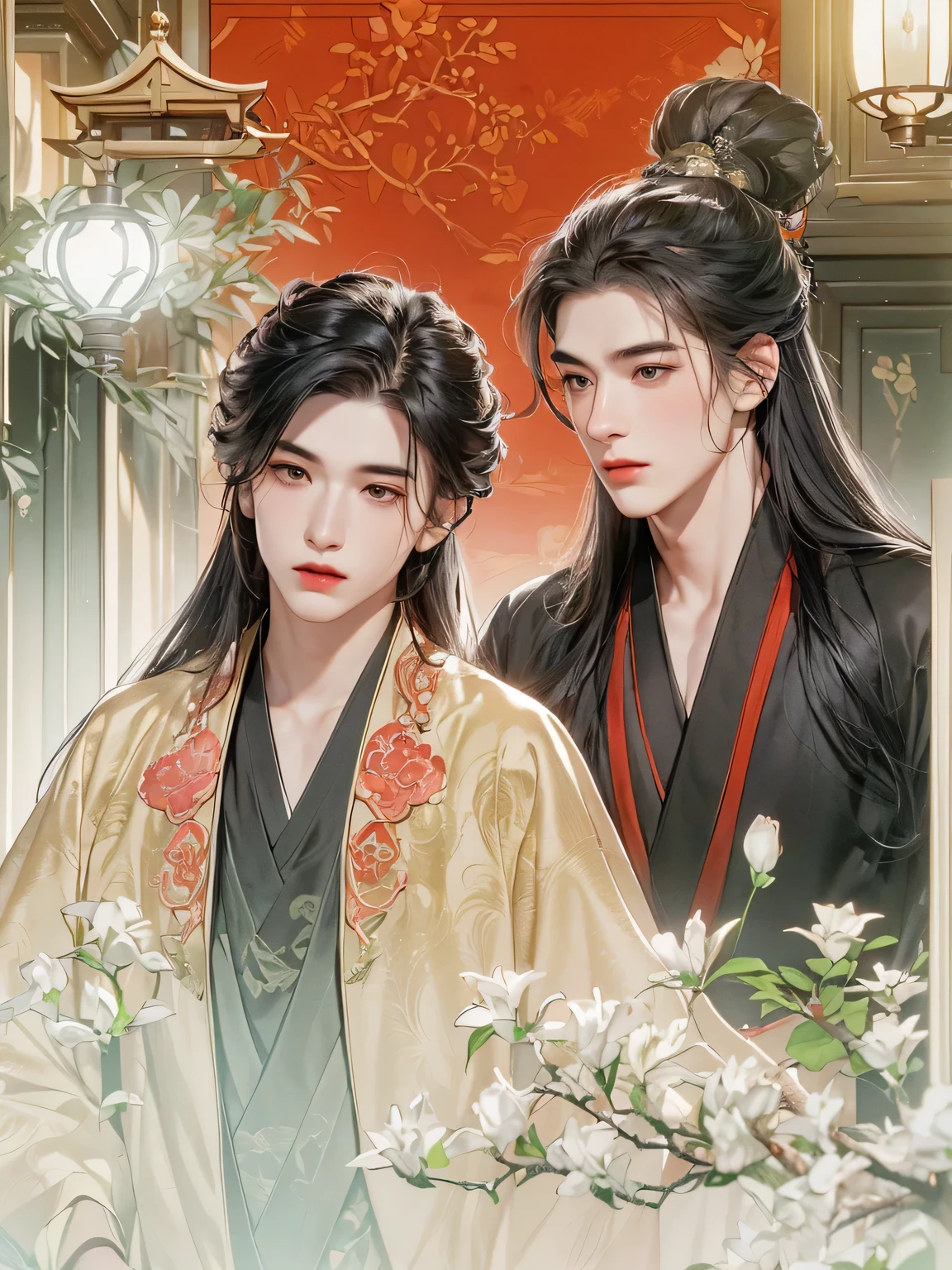 best quality，outstanding，super detailed，Two men in chinese style scene，Focus on male performance，long hair，black hair，hanfu，Chinese costumes，indoor，facial details，Beautiful face high details，HD，8k