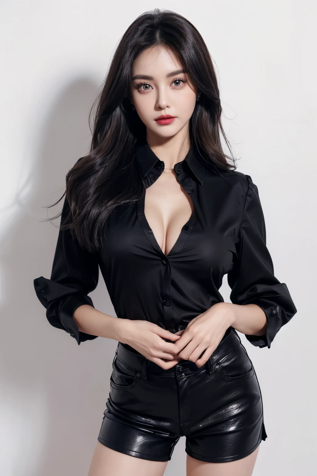 a woman, beautiful, amazing face and eyes, cosmetic, red glossy lips, (Extremely detailed beautiful face), (The sexiest look), (Black collared shirt), (best quality), (Super detailed), (Extremely detailed CG unified 8k wallpaper),original photo, Professional photography, (standing), (pure white background),(black hair),(big eyes),(Soft light source),(A little cleavage),(shorts),(black clothes),