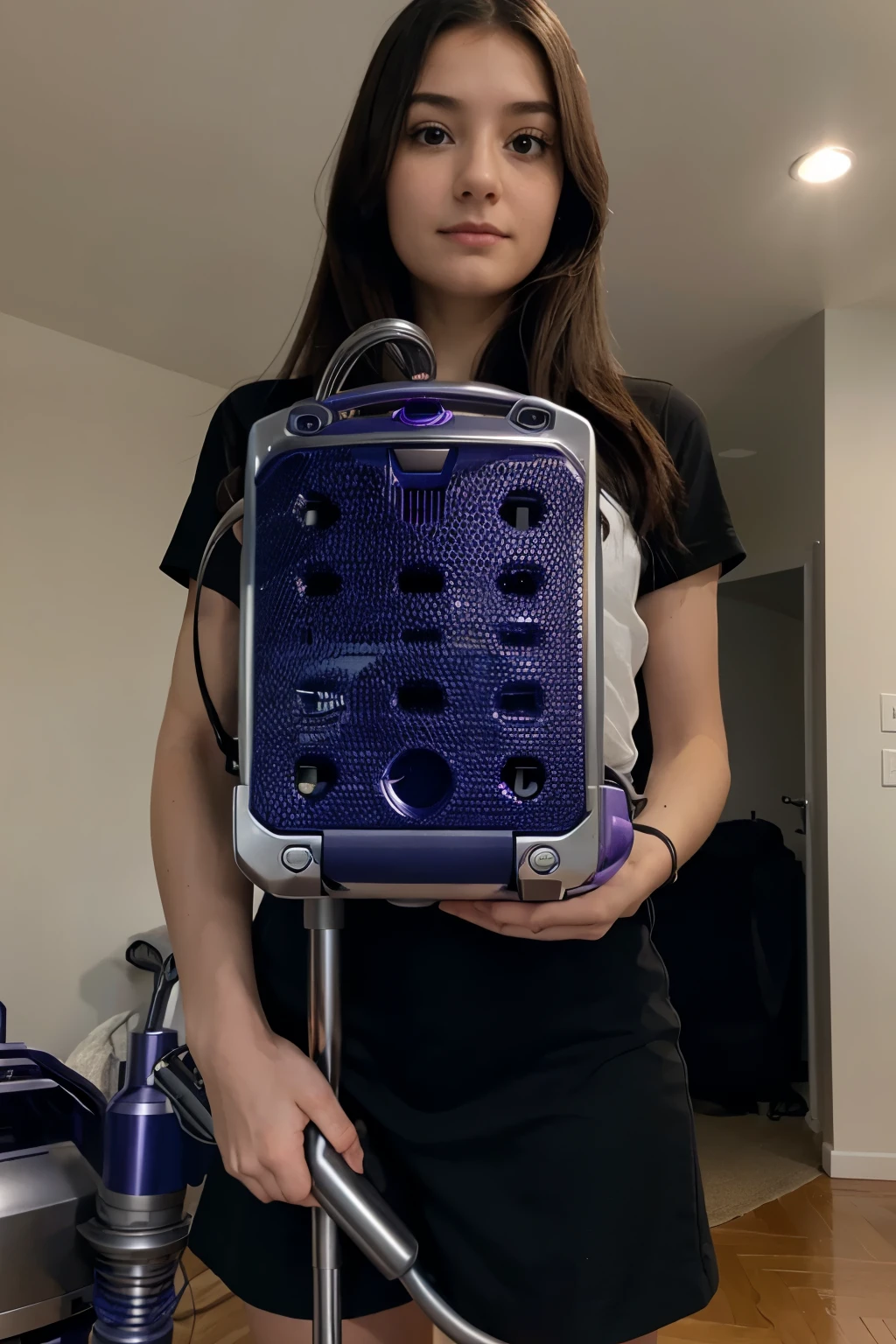 A girl holds a Dyson vacuum cleaner in her hands.