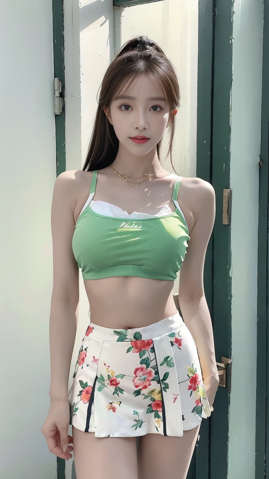a woman in a floral crop top and mint skirt posing for a picture, crop top, crop top, bra, wearing white camisole, Bae Xiuzhi, wearing a camisole, Green sports shorts,physical : smallest belly ever, Beautiful young Korean woman, Cui Xianhua, cute core, lulu chen, Leruwe 5213