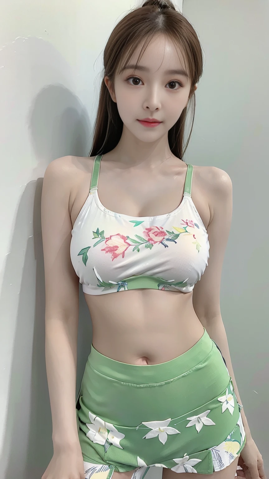 a woman in a floral crop top and mint skirt posing for a picture, crop top, crop top, bra, wearing white camisole, Bae Xiuzhi, wearing a camisole, Green sports shorts，physical : smallest belly ever, Beautiful young Korean woman, Cui Xianhua, cute core, lulu chen, Leruwe 5213