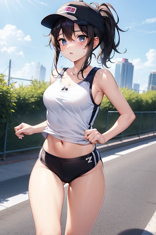 teenager,1 beautiful girl、Running painfully、(blush:0.6),heavy breathing,sports underwear、White navel tank top、vertical navel, medium breasts,black sport shorts、running, ponytail、sport cap, shiny skin、Highway