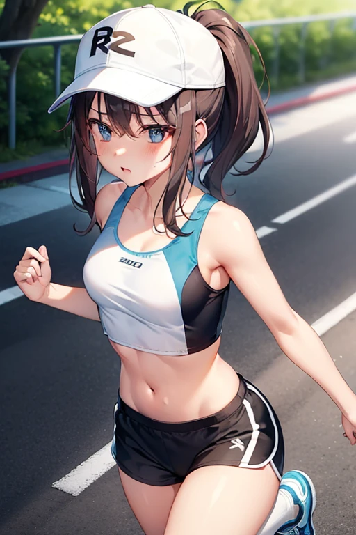 teenager,1 beautiful girl、Running painfully、(blush:0.6),heavy breathing,sports underwear、White navel tank top、vertical navel, medium breasts,black sport shorts、running, ponytail、sport cap, shiny skin、Highway