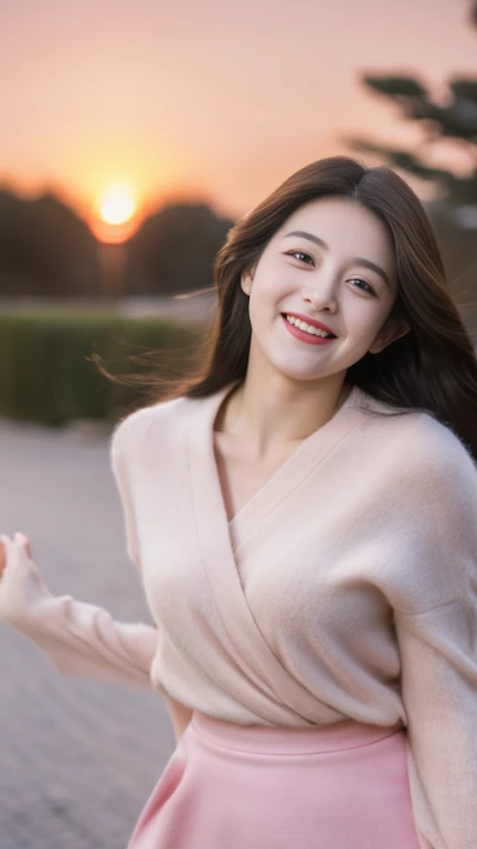 Beautiful beautiful girl,Soft,Perfectly proportioned face,blush,laughing out loud,Exquisite facial features,Sweet smile,exquisite eyes,Delicate eyelashes, beautiful eyes, sweet with silkworms,,delicate skin,,A pink wool skirt,dynamic action,outdoor,dusk
