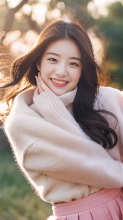Beautiful beautiful girl,Soft,Perfectly proportioned face,blush,laughing out loud,Exquisite facial features,Sweet smile,exquisite eyes,Delicate eyelashes, beautiful eyes, sweet with silkworms,,delicate skin,,A pink wool skirt,dynamic action,outdoor,dusk