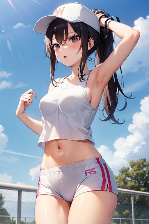 teenager,1 beautiful girl、Running painfully、(blush:0.6),heavy breathing,sports underwear、White navel tank top、vertical navel, medium breasts,black sport shorts、running, ponytail、sport cap, shiny skin、Highway