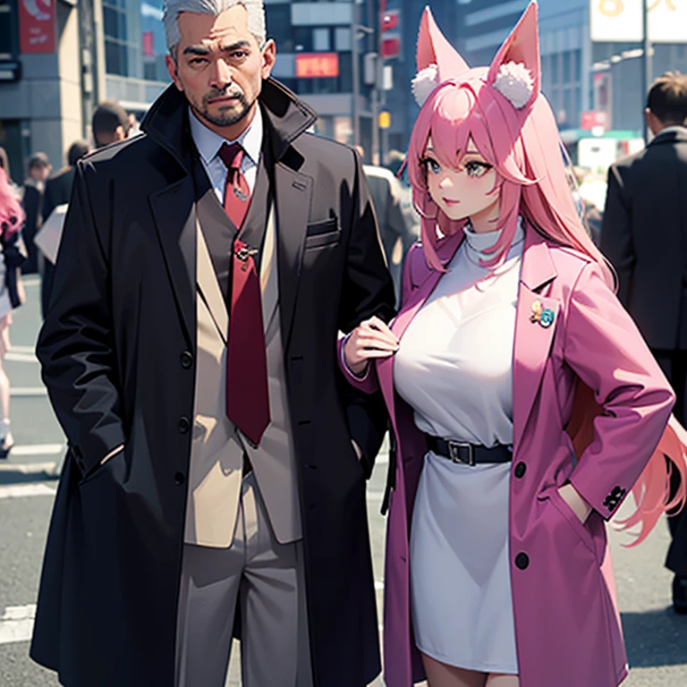 A woman with pink hair, Has fox ears that sleep backwards , Wear a jacket that covers your head, the woman has big breasts,Standing with a man beside him, The man's skin color is quite dark, The man is tall, Standing on the streets of Tokyo .