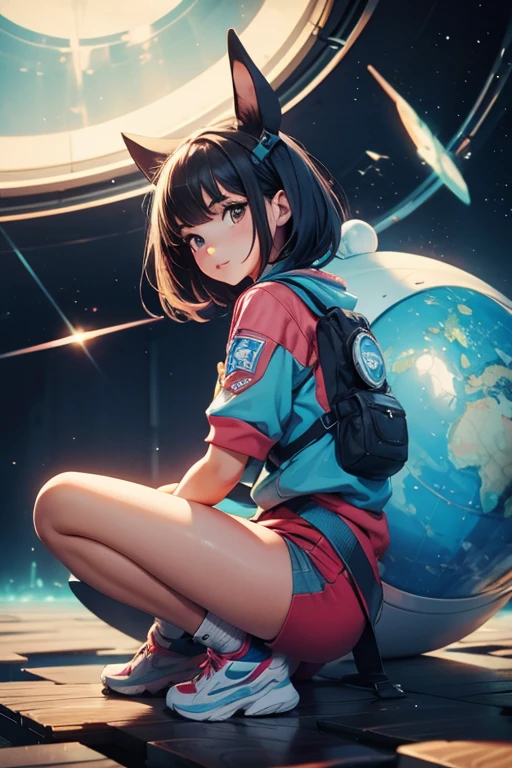 Asian girl in alien planet space between Polar Star and Big Dipper