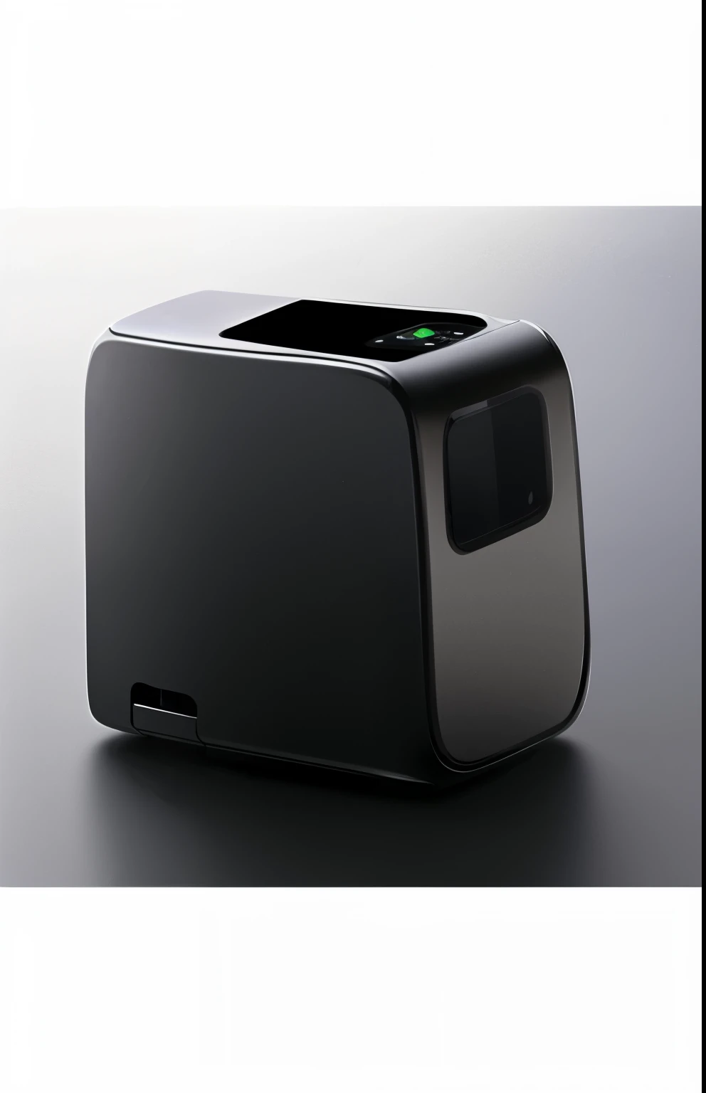There is a black and white toaster,with green button, Black 3D cuboid device, bottom corner, 3 / 4 views, 3/4 views, High resolution scan, alternating angles, full length view, right angle view, High resolution scan, three quarter view, top angle view, product photo, Product design photography, Great view, angle view