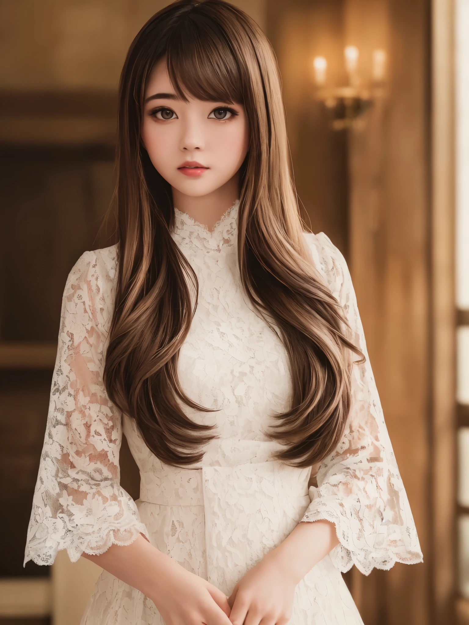a photo of (saukztf:1.5), looking at viewer, dramatic lighting, looking at viewer, ((masterpiece)), (((bestquality))), ((ultra-detailed)), ((illustration)), ((disheveledhair)), ((lace)), (saukztf), 17 years old, (solo), dynamicangle, bigtopsleeves, expressionless, cute outfit, sexy outfit, long hair