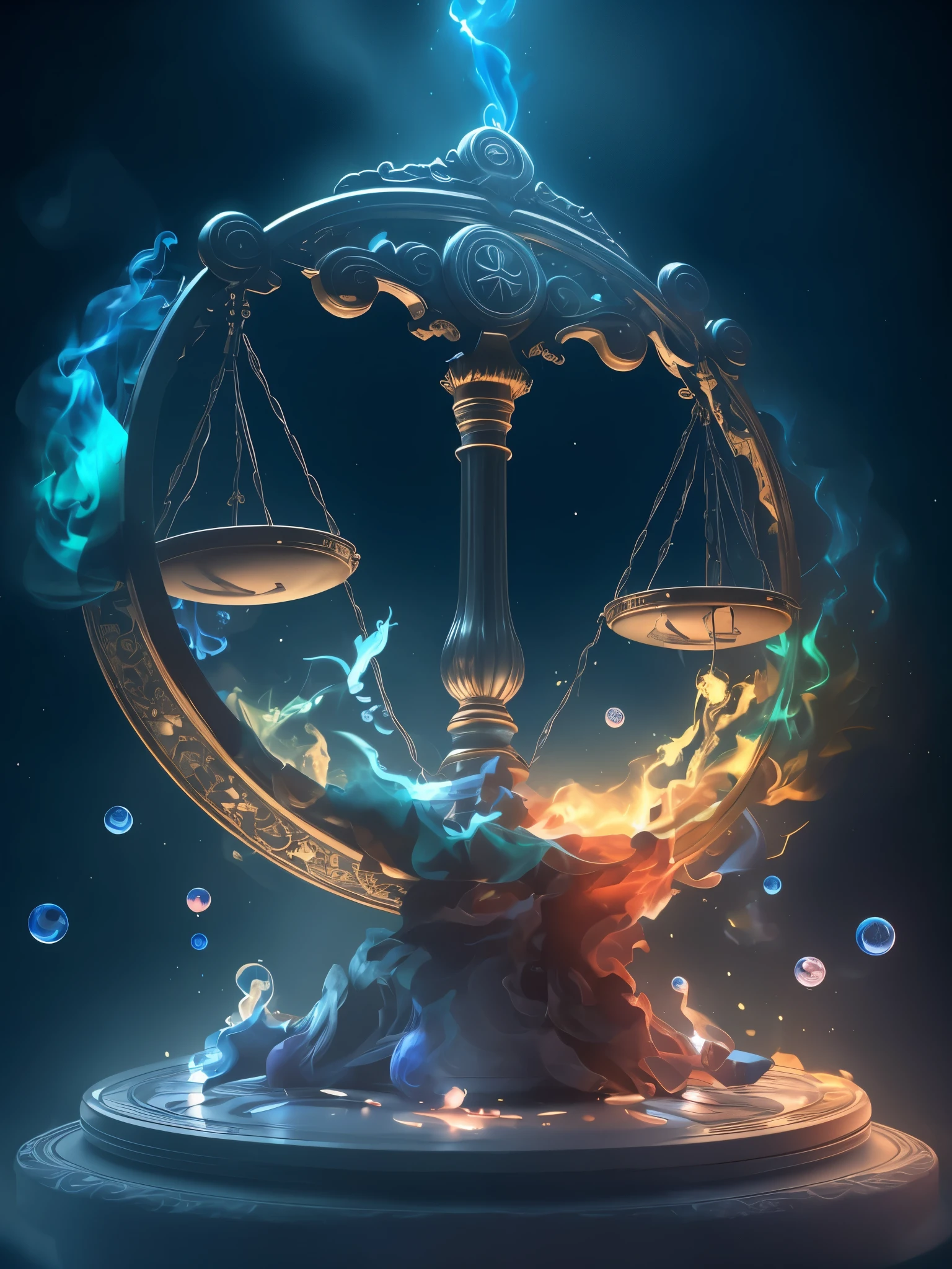 Libra座, 4k highly detailed digital art,Libra座,3D stereoscopic,Sense of scene,detail,Detailed picture,Libra座,Libra,宇宙Libra,On the left is a blue flame,On the right is the red flame,The picture texture is strong,Perfect painting