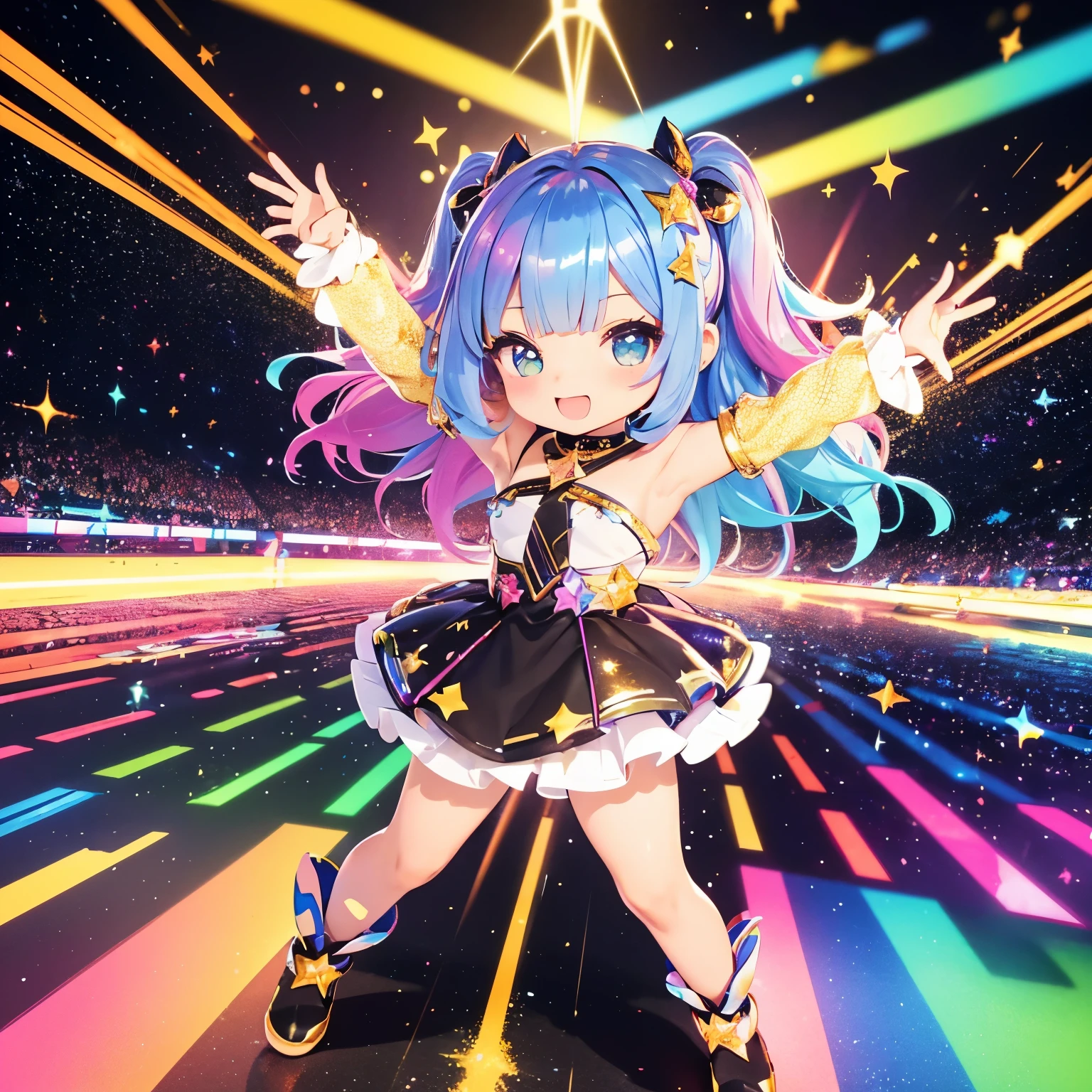 best quality, (chibi character, super deformed, full body, big head:1.5, 3D), incredibly absurdres, extremely detailed, iridescent cute Idol girl shining in rainbow colors, many colored confetti flying up, silver glittering confetti, golden glittering confetti, colorful, light up, delicate, flashy and dynamic depiction, many stars