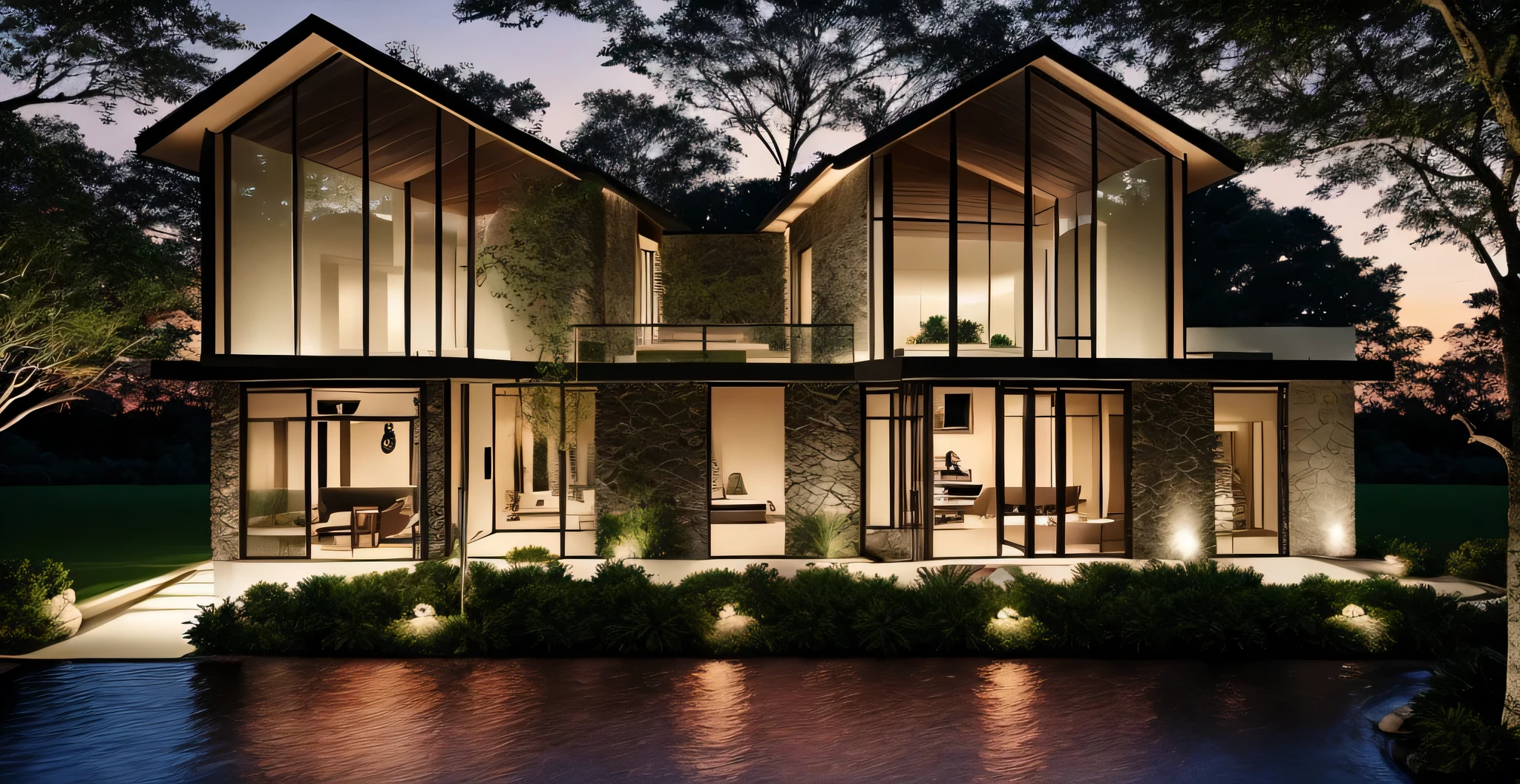 modern villa in the forest, sunset, cinematic lighting, hand drawn