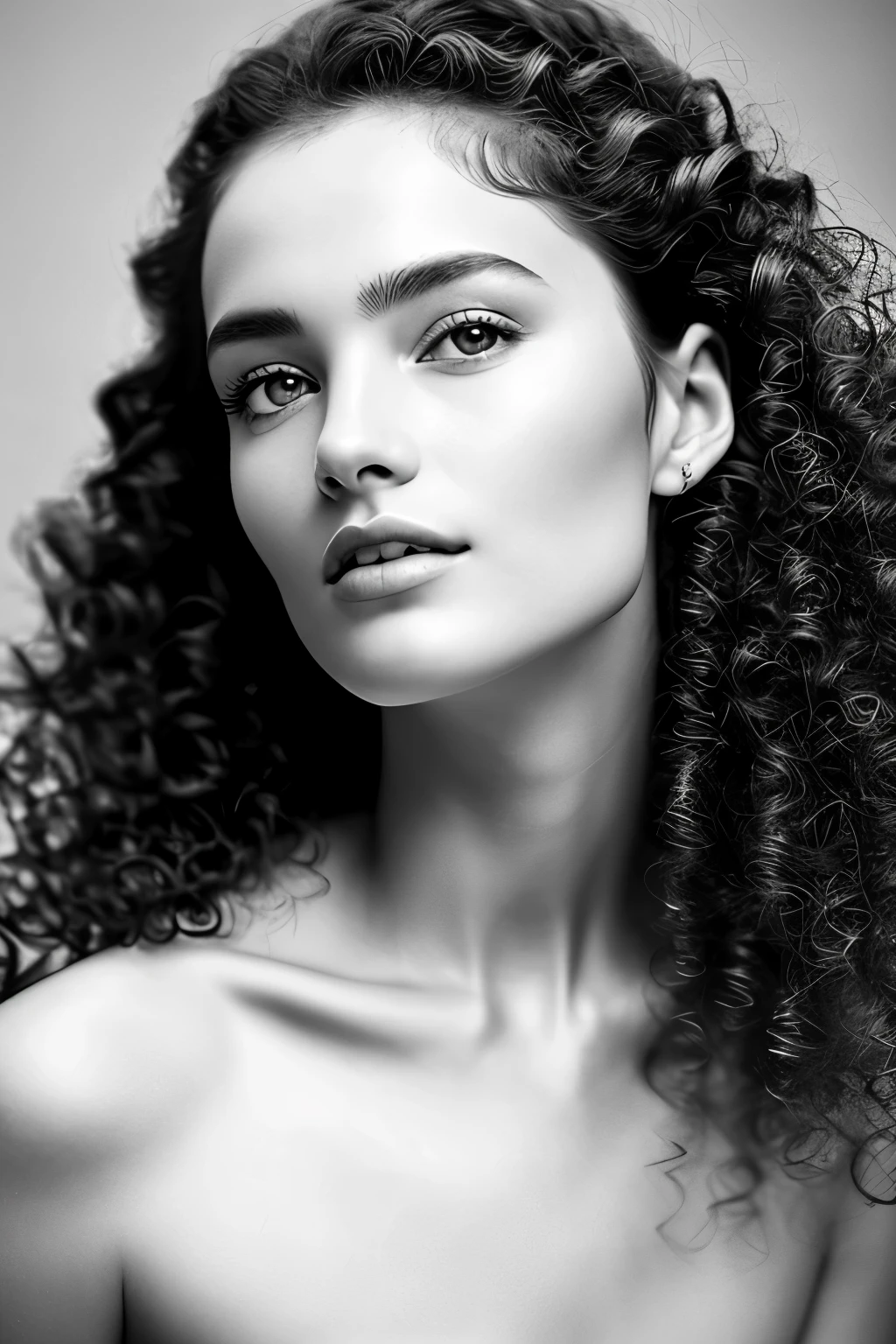 A high-resolution close-up portrait shot capturing the captivating beauty of a European woman with striking features, including porcelain-like fair skin, luscious curly hair, and an elegant, slender physique. This mesmerizing image showcases a harmonious blend of modern aesthetics with traditional elements, creating a fusion that celebrates both contemporary allure and timeless elegance. The intricate details and vividness of this photograph evoke a sense of realism, allowing viewers to appreciate the intricate nuances of the subject's expression and unique characteristics. With its high-quality resolution and meticulous attention to detail, this portrait shot presents a captivating visual experience that is bound to leave a lasting impression.
