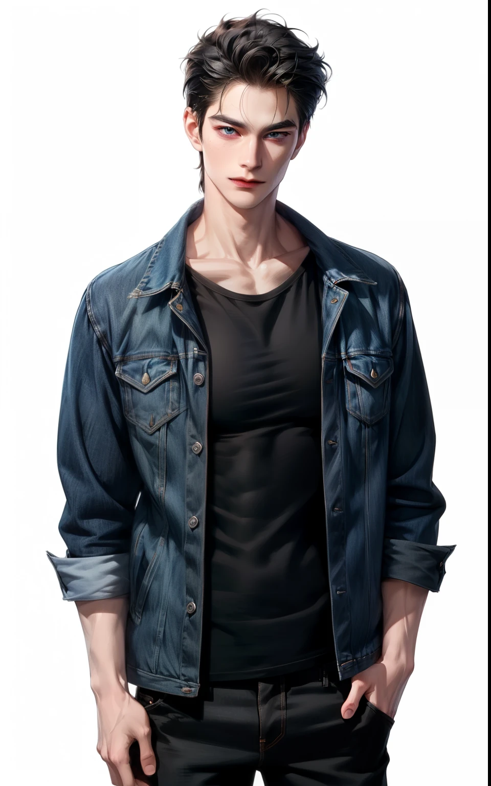 Drawing of a man wearing a jean jacket and black shirt., ,I have a boy's hair.,Half-body picture, !!full body picture!!, Unrealistic character concept, Half-body picture, full body picture of a short!, Tall anime guy with blue eyes., Full-body portrait, Comfortable pose, Dress not naked, male style anime, Inspired by Iwao Takamoto