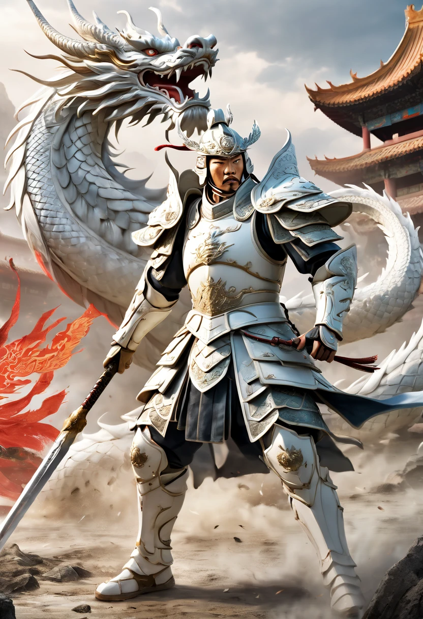 A Chinese general dressed in white armor stands on the battlefield, holding a white silver spear in his hand, fighting with action. The armor has a Chinese dragon pattern on it, and behind him there is also a Chinese white dragon flying. The background is an ancient Chinese battlefield, and the character faces the camera. The film light, panoramic shot, is very handsome. The composition is solemn and solemn, very realistic.