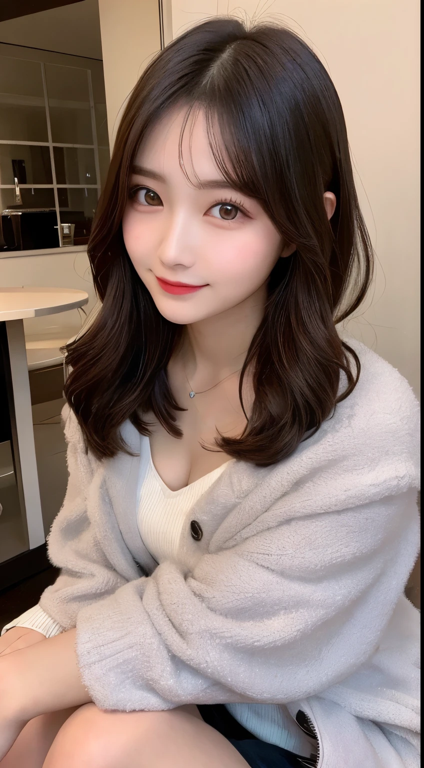 table top, highest quality, shape, Super detailed, finely, High resolution, 8k wallpaper, 完璧なダイナミックな構shape, beautiful and detailed eyes, Latest trend fashion Tokyo winter wear,medium hair, small breasts, natural color lip,smile,20 year old girl、midnight、beautiful and detailed face、perfect and beautiful face、slim face and style,spread your arms wide,Big eyes,Take a photo from below the knees at a face angle、small face、beautiful detailed face、perfect and beautiful double eyelids、luxury mink coat