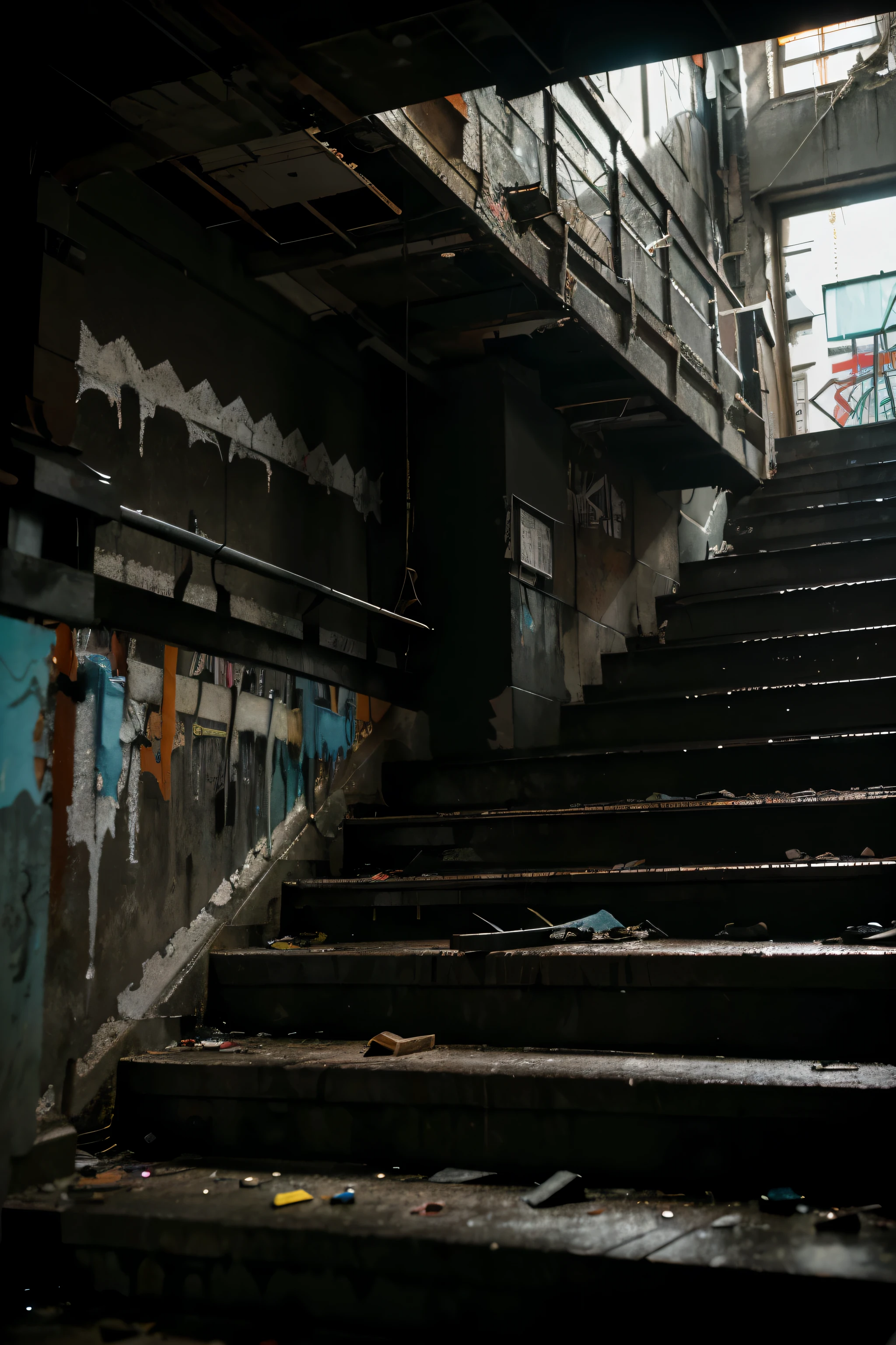 The dark, dank, and damp stairwell lay silent and decimated, cluttered with debris, graffiti, and dangling lights, a testament to decades of abandonment and destructive abuse. , Miki Asai Macro photography, close-up, hyper detailed, trending on artstation, sharp focus, studio photo, intricate details, highly detailed, by greg rutkowski