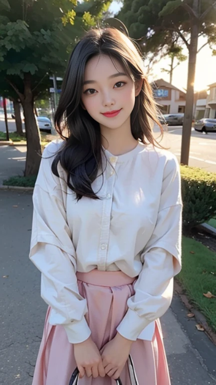 Beautiful beautiful girl,Soft,Perfectly proportioned face,blush,laughing out loud,Exquisite facial features,Sweet smile,exquisite eyes,Delicate eyelashes, beautiful eyes, sweet with silkworms,,delicate skin,,A pink wool skirt,dynamic action,outdoor,dusk