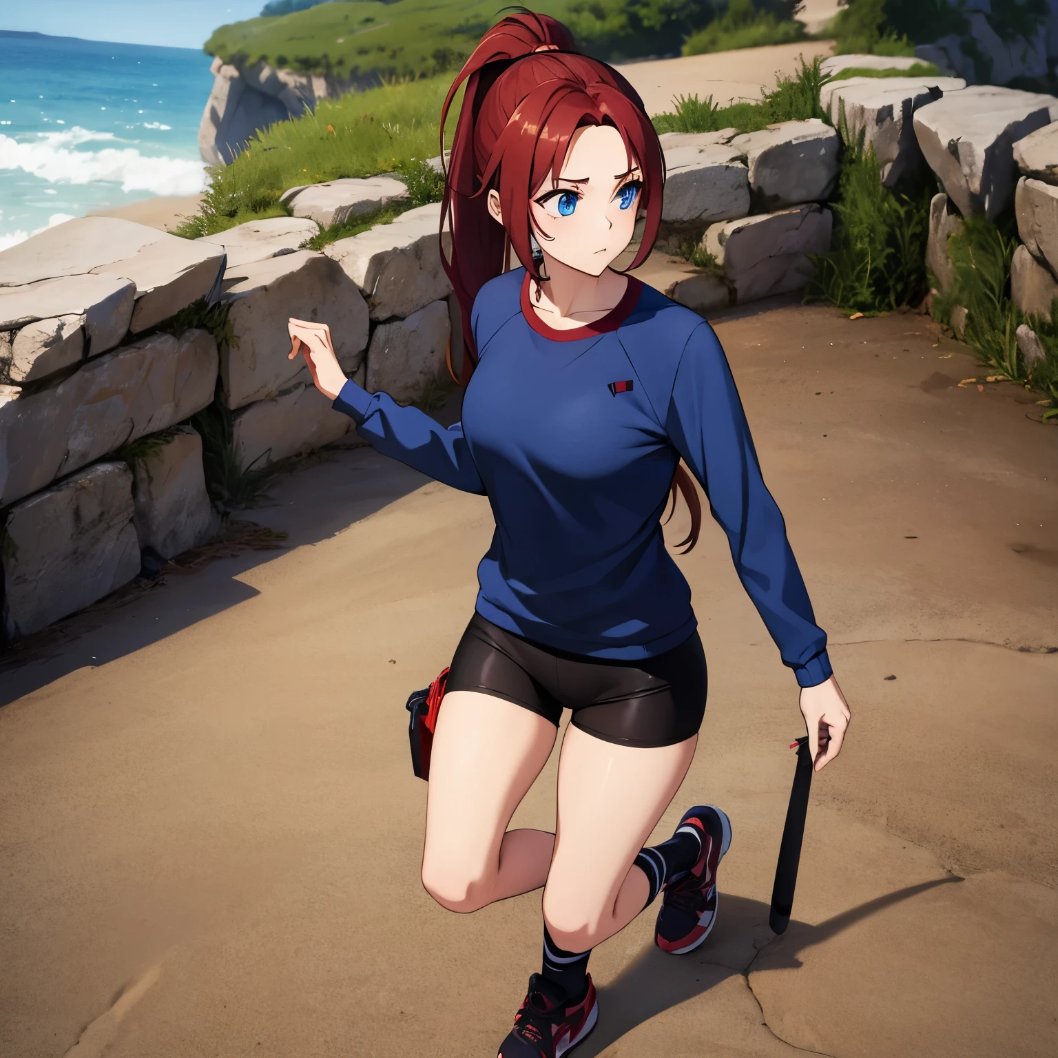 girl,Proud,Dark red hair,blue eyes,There is a ponytail on the right that reaches the calf