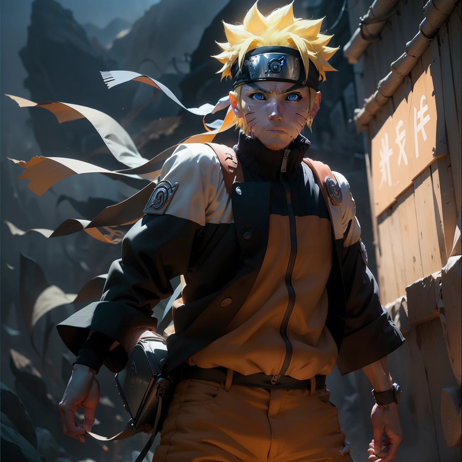 (1) Medium: Vibrant digital art with dynamic colors and intricate details. (2) Appearance: Naruto Uzumaki is depicted with his iconic bright blond hair and distinctive spiky hairstyle. His hair is medium-length, reaching his shoulders. He has mesmerizing azure blue eyes that convey determination and energy. Naruto wears his trademark orange jumpsuit, symbolizing his energetic personality and dedication. Additionally, he carries a forehead protector adorned with the emblem of Konoha, the Hidden Leaf Village, signifying his affiliation. (3) Age, Hair Color, Hairstyle, Hair Length, Eye Color, Eye Shape, Facial Expression, Clothing: Naruto is portrayed as a young adult in his late teens. His hair is a vibrant shade of blond, styled in his signature casual manner. His blue eyes are wide and brimming with determination. Naruto's facial expression radiates a mix of confidence, enthusiasm, and a mischievous spark. He wears his customary orange jumpsuit with a black undershirt and black sandals. (5) Pose: Naruto stands with a strong and dynamic pose. His head is held high, symbolizing his unwavering determination and indomitable spirit. He stands with one hand clenched into a determined fist, while the other hand rests on his hip, exuding confidence. The breeze ruffles his hair, adding a sense of movement and vitality to the artwork. His gaze is fixed forward, showcasing his unyielding focus and determination. Please create a masterpiece of Naruto Uzumaki with extreme attention to detail.