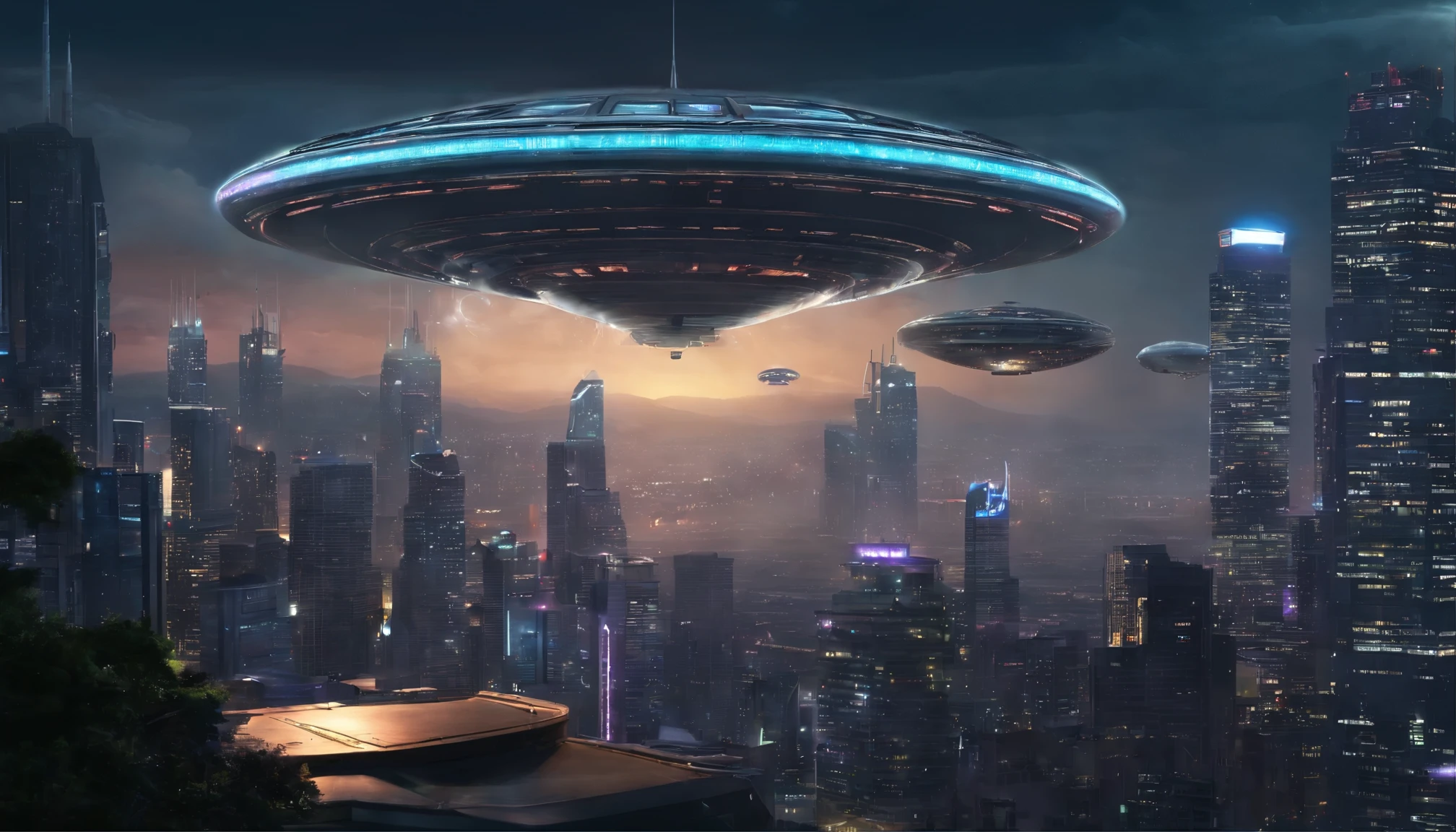 Create a photorealistic masterpiece that captures the arrival of an alien mothership over a metropolitan skyline at night. Use dynamic weather conditions, dramatic lighting, and mood, inspired by the photography style of Gregory Crewdson.
