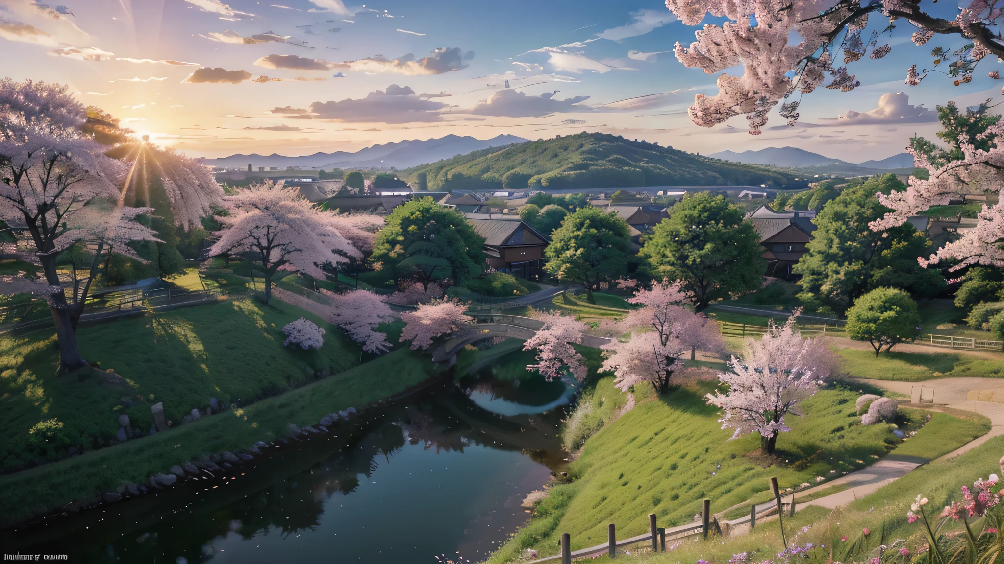 masterpiece，ultra fine photo、最high quality、ultra high resolution，realistic、sharp focus、8K UHD、digital eye reflex camera、high quality、film grain、summer、the most beautiful sunset、Lots of cherry blossoms are blooming，anime countryside landscape，anime background art, anime scenery，anime scenery wallpaper, anime movie background、anime scenery、beautiful anime scenery，anime background，anime scenery concept art, distant village background、studio ghibli landscape，studio glibly makoto shinkai、ghibli studio anime style、beautiful anime scene