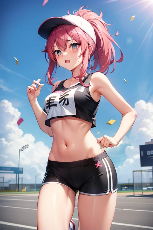 muste piece、masterpiece、highest quality、Super detailed、High resolution、8K portrait、High definition CG of Unity 8k wallpaper、cute type little:1.5、Lori:1.5、Highly detailed CG unity 8k wallpaper、Realistic、real person、 portrait photography、shiny skin、High definition、(:1.2)、(1 girl)、beautiful clear eyes、extremely detailed description、delicate face、nice lips、slender body、fl chest同 thin waist、thin legs、(Atlantic stadium track:1.6)、1 girl, cute type, perfect face, seriously, (blush:1.5),(pink hair twintails:1.3),(flat chest:1.4),((short sleeve gym clothes:1.2)),((clothing lift:1.5)), ((half nude:1.3)),((climax in vagina:1.5)),(looking at view:1.2),(from front:1.2),gran,(hands behind head:1.5)
