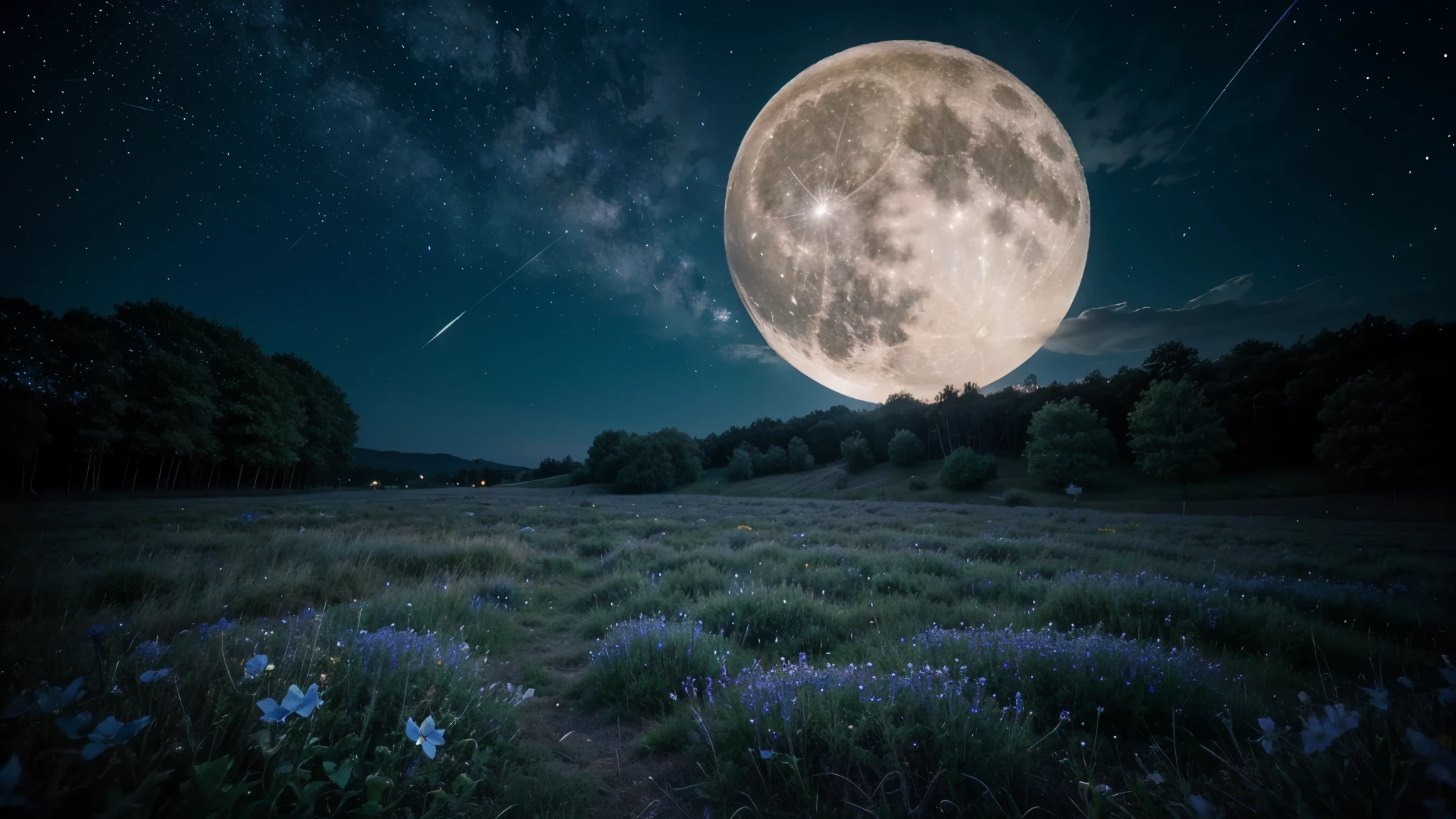 big bright full moon in the middle and have some bushes which have some blue flowers on the field. beautiful sky full of stars. in the night time
