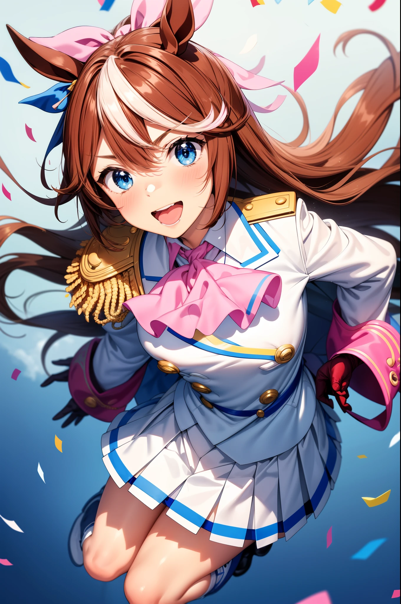 masterpiece, best quality,
tokai teio \(umamusume\),
from above, pointing up, looking up, smile, open mouth,
confetti, 
hair ribbon, pink ribbon, single epaulette, pink ascot, red capelet, long sleeves, asymmetrical gloves, mismatched gloves, white glove, blue glove, multicolored clothes, two-tone jacket, white jacket, blue jacket, shirt, buttons, double-breasted, white skirt, pleated skirt, two-tone skirt, miniskirt, white footwear, knee boots, 
