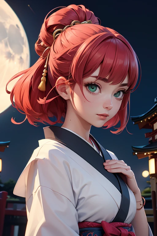 (((masterpiece: 1.5, highest quality, High resolution: 1.3, super resolution, Super detailed, Super detailed: 1.3, rich background: 1.2))), 1 girl, alone, green eyes, long pink hair with blue ribbon, dull bangs, cute hairpin, school uniform, White Theraphon, Red sailor collar, short sleeve, blue pleated skirt, (outdoor), ((downtown), (crowd), ((Japan atmosphere: 1.3)), landscape, ((night)), darkness, (weak light: 1.1), moon, (moonlight: 1.2), ((dynamic light: 1.4)), ((close-up of head))))))