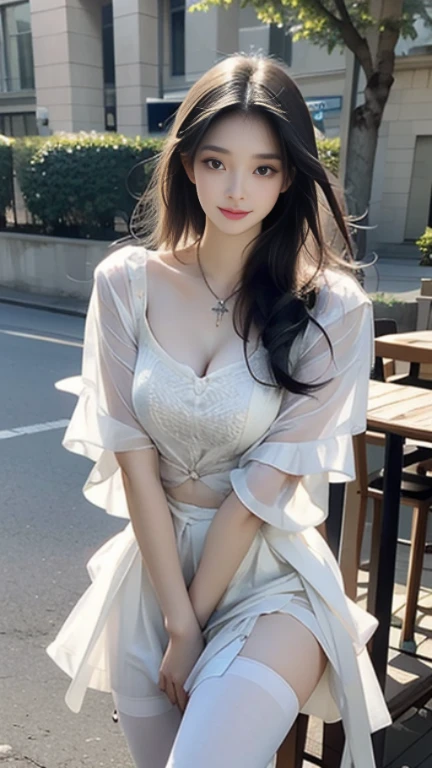 Master masterpieces，high detail，8K resolution，ultra high resolution，24 year old beautiful and ???? woman，long black hair，long hair fluttering，Microvolumes，best picture quality，realism, exquisite necklace，Dewy and fair skin， A delicate and beautiful girl，big watery eyes，long eyelashes，Contact lenses，Sweet eyes，Gentle and cute，Exquisite facial features，perfect face，long fingers，Detailed portrayal of the face，sweet smile，double eyelids，There are lying silkworms，Pink lips，Half of the clothes are exposed，thin waist，long legs，S-shaped ???? woman，Delicate figure，clavicle，（White sheer tulle skirt），black stockings，High heel，Fold your arms with both hands，full-body shot，dynamic angle，Facing the viewer，street view，Beautiful street photos，Vision，panoramic