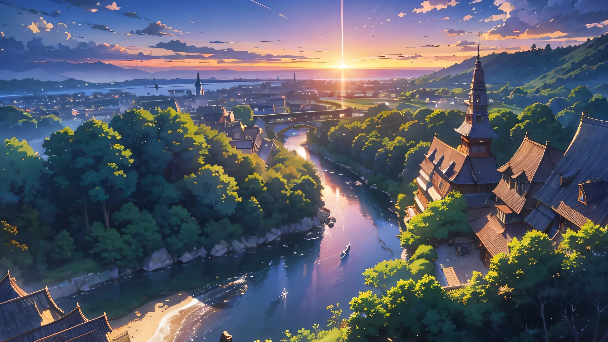 Anime scenery of a river and a village with a sunset - SeaArt AI