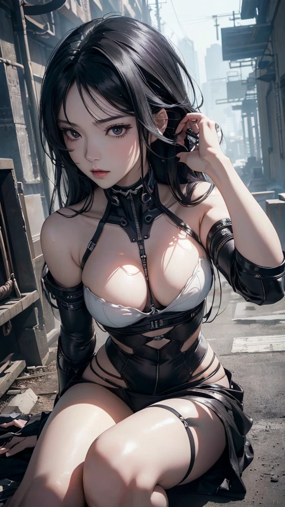 ((Highly detailed CG unit 8k wallpaper, masterpiece, High resolution, highest quality)), (Beautiful woman, put one&#39;s hand in one&#39;s pocket:1.2, Sitting on the ground:1.2, cyber punk系ファッション, bondage), ((highly detailed face, Highly detailed black eyes, detailed body, highest qualityのリアルテクスチャスキン)), (black hair, white skin, ), (ruins, cyber punk), (high angle:1.2), hyper realistic, digital painting, concept art,