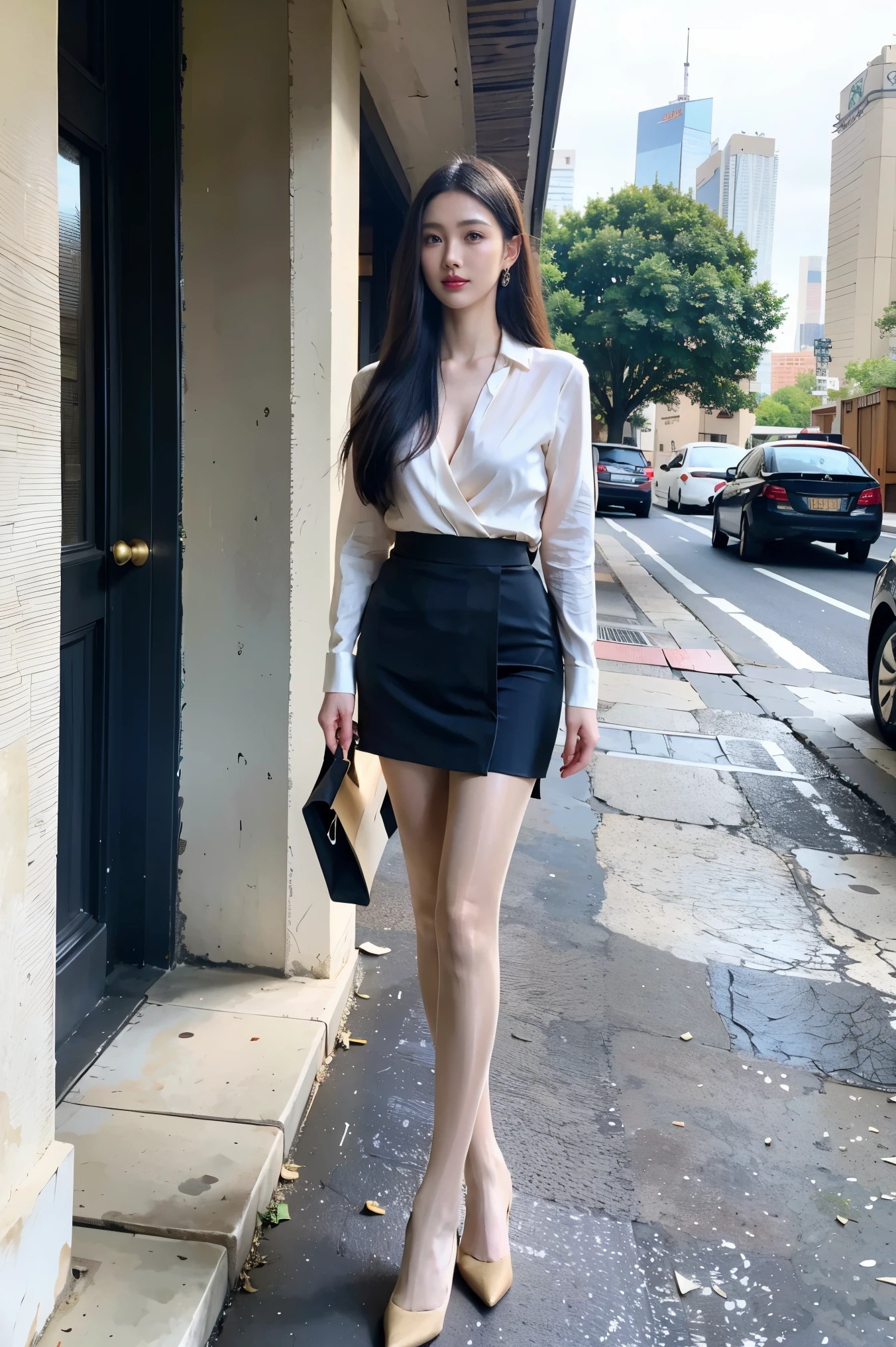 1 girl,31 years old,exquisite,Business womenswear,(shirt:1.1),(wrap skirt:1.1),Accessories,jewelry,knitweadelity：1.3），filigree，quality，（masterpiece：1.2），（fidelity：1.2），（best quality），（Skin details：1.3），（intricate details），Ray tracing，photo，bathed in light and shadow，street with skyscrapers，On a bustling city street，film grain，Depth of field 100mm，full-body shot，skin tone，High heel，Stand apart，Blue sky and white clouds，sunny