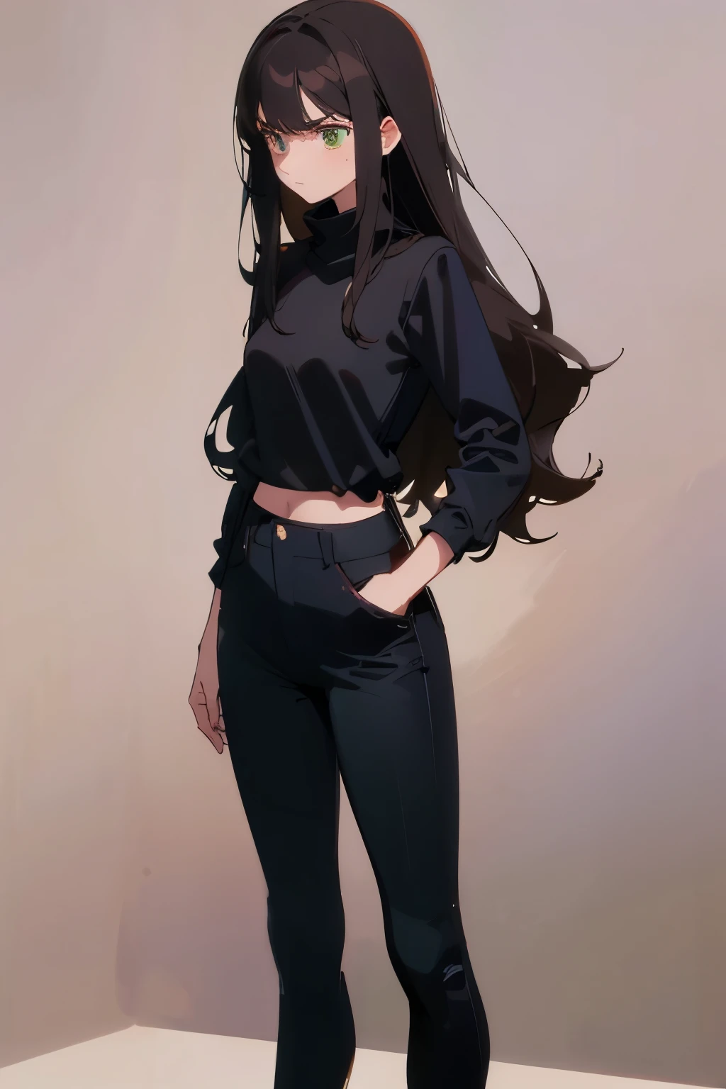 1 character, plain background, sketch, painted sketch, 1 girl, thoughtful, logical, doesn't try to show emotion, white female, dark brown wavy hair, green eyes, black turtleneck, ripped black jeans, relaxed, looking straight into the camera, standing pose, serious face, no posing,