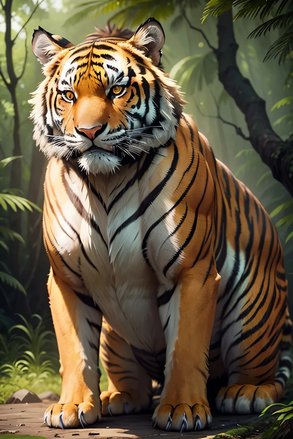 A fierce and majestic tiger, its striped fur glistens under the golden sun. With piercing eyes and powerful presence, it commands attention and awe. The embodiment of strength and grace, it prowls through the dense jungle, its movements both elegant and stealthy. The surrounding forest is a vibrant backdrop, with lush green foliage and colorful flowers adding to its beauty. Every detail of the tiger's form is meticulously captured, from the intricate patterns on its fur to the sharpness of its claws. It is a true masterpiece, a symbol of nature's untamed magnificence.