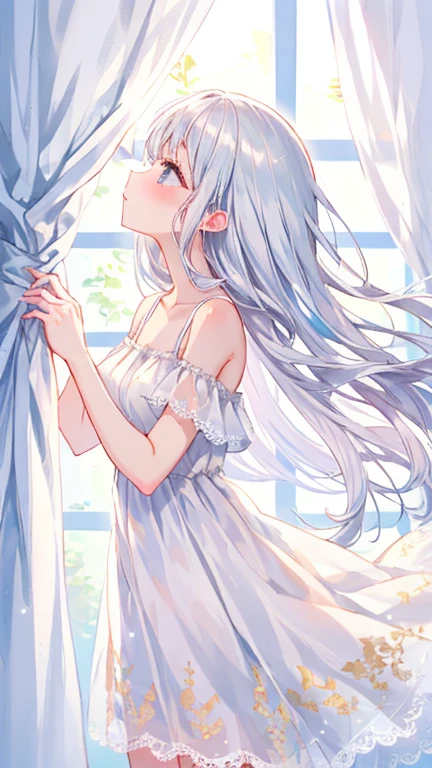 pretty girl, white dress, open shoulder, Lace skirt, silver hair, From the side, long hair, look up, window, curtain, sunlight, shiny hair