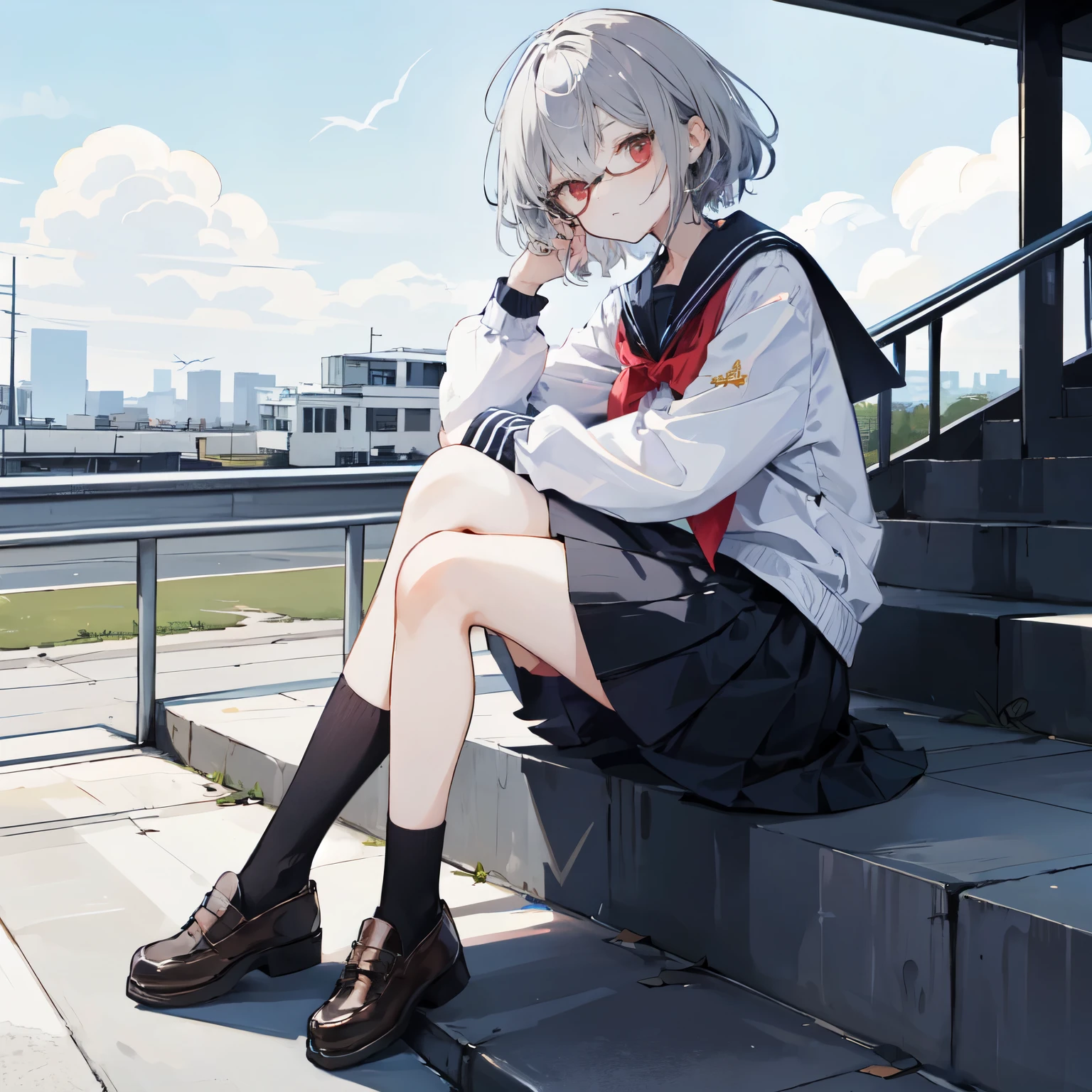 table top,very detailed,1 girl,alone,gray hair,red eyes,school uniform,sunglasses,black socks,Red Colored sunglasses、Perched on a few flights of stairs、Rotten face