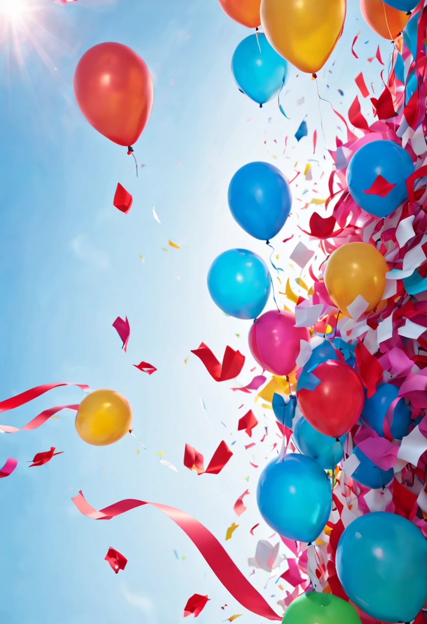 Closeup focus HD image of ribbon cutting balloons.Colorful pieces of paper falling from the sky(best quality,4K,8k,high resolution,masterpiece:1.2),Super detailed,(Super quality,super detailed,super complex,extremely complex)Soft and natural light and shadow.