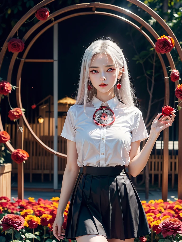 (best quality, masterpiece), (1 girl, alone, black skirt, permanent , looking at the audience, white hair, red eyes, holding roses, Keep your mouth shut, Upper body), (Red dream catcher in the back, safflower, )