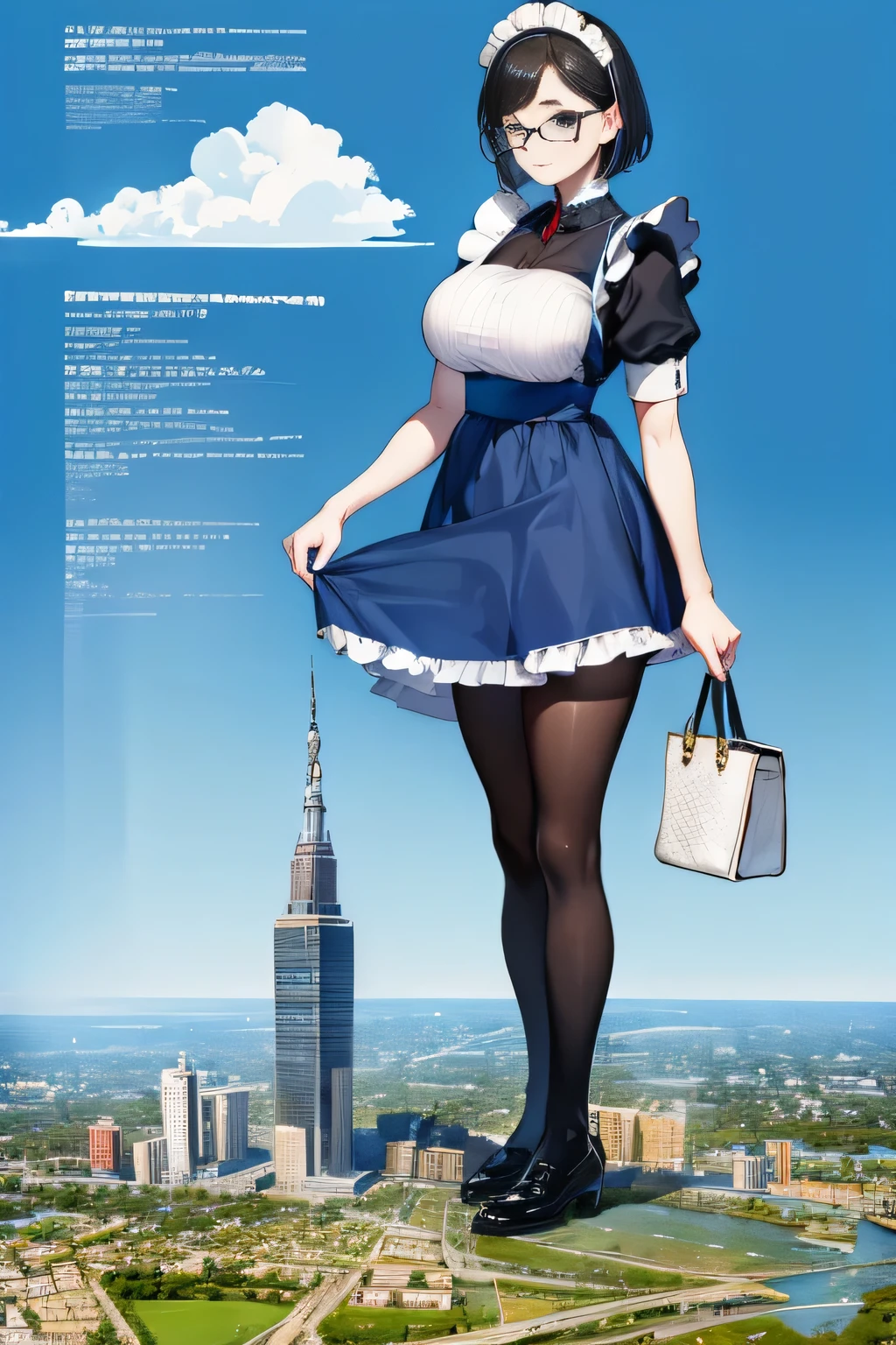 Giantの芸術, 非常に詳細なGiantショット, Giant, short hair, A maid that is much bigger than a skyscraper, wearing rimless glasses, big breasts, big ass, navy maid uniform, black pantyhose, black shoes, very small metropolis, miniature metropolis, crush the big city, A city engulfed in flames, full body description, ＧＴＳ, ギガGiant, Stomping City, crash city, Small town, micro city, maid, 