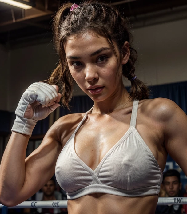  a woman  in a boxing club , tumblr, photorealism, ,beautiful!, perdita weeks!,::  ,:: madison beer, streaming, pigtail, photorealistic - h 6 4 0, 🎀 🧟🍓 🧚, see, live2d, looks like laura barriales, —ar 16:9, sam nassour, 5 0 s, insanely cute, straight eyebrows,🥊