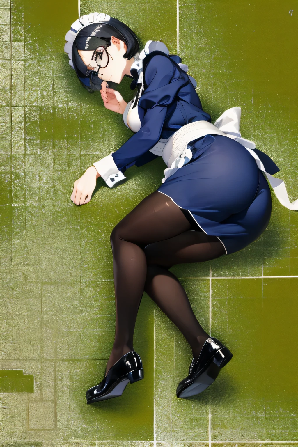 Giantの芸術, 非常に詳細なGiantショット, Giant, short hair, A maid that is much bigger than a skyscraper, wearing rimless glasses, big breasts, big ass, navy maid uniform, black pantyhose, black shoes, very small metropolis, miniature metropolis, crush the big city, A city engulfed in flames, full body description, GTS, ギガGiant, Stomping City, crash city, Small town, micro city, maid,