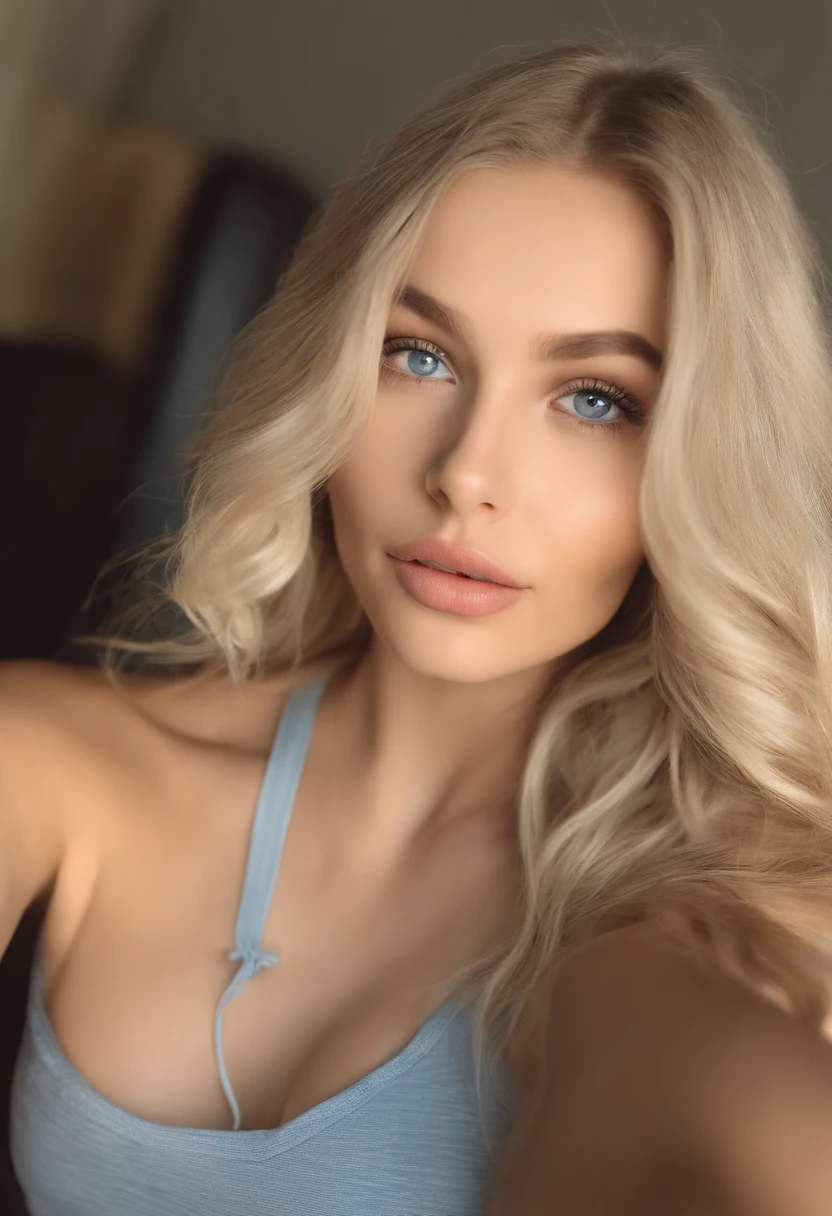 Woman with matching tank top and panties, Sexy girl with blue eyes, portrait sophie mudd, Portrait de Corinna Kopf, blonde hair and large eyes, Selfie einer jungen Frau, ohne Make-up, Natural makeup, Blick direkt in die Kamera, Gesicht mit Artgram, dezentes Make-up, Great full body photo, im Zimmer, big , blond, Latein