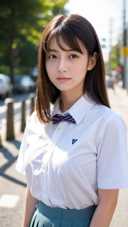 Cute Beautiful Girl,Japanese,uniform,18-year-old,white shirt,Large bulging chest,neat woman