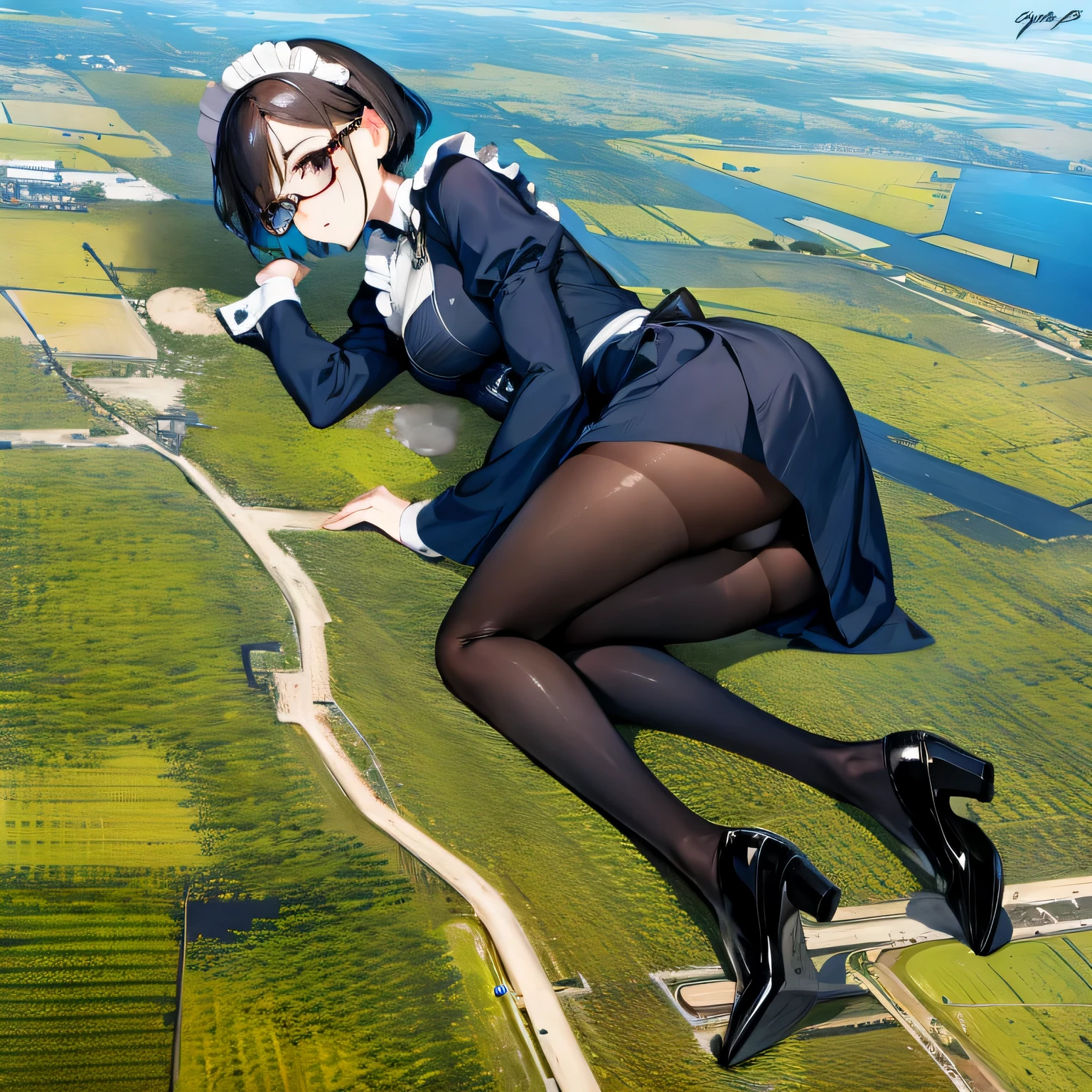 multiple girls, Giantの芸術, 非常に詳細なGiantショット, Giant, short hair, A maid that is much bigger than a skyscraper, wearing rimless glasses, big breasts, big ass, navy maid uniform, black pantyhose, black shoes, very small metropolis, miniature metropolis, crush the big city, A city engulfed in flames, full body description, GTS, ギガGiant, Stomping City, crash city, Small town, micro city, maid,
