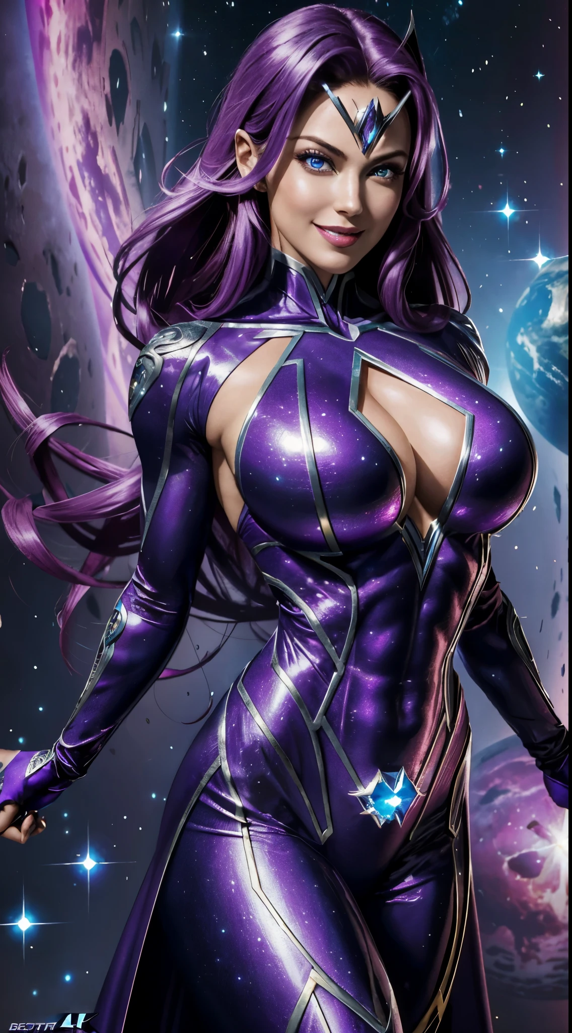 ((masterpiece)), ((8k resolution)), ((a beautiful female super villian)), star sapphire lantern from DC comics, metallic, red eyes,perfect body, big breast    , in purple planet, muscular, strong, (((4k))), ((((highly detailed)))), strong, glow, neon, laughing, sexy pose, evil smile