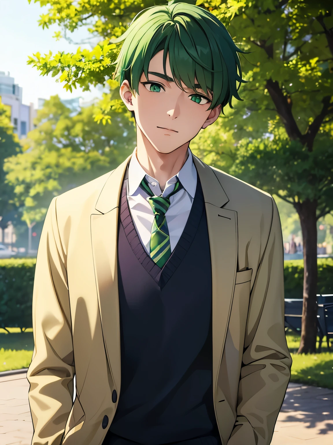 18 year old man with green hair, green eyes, wearing a boy's school uniform and sweater, portrait, in the park, late afternoon, very detailed 